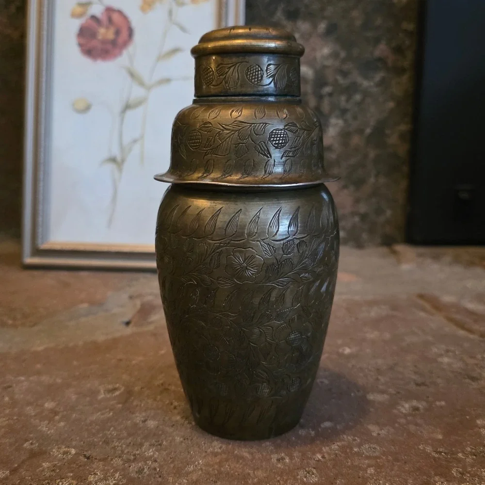 Vintage Etched Brass Martini Shaker Floral Hand Engraved 3 Piece Cobbler Shaker
